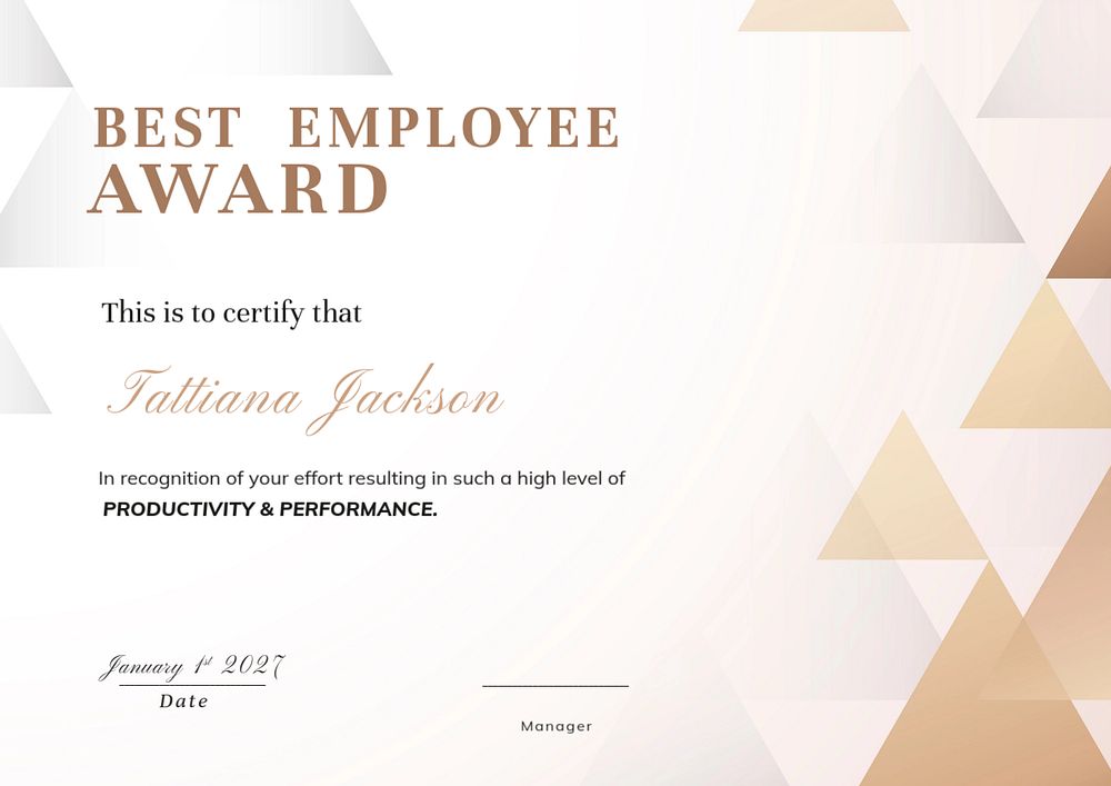 Editable employee award certificate template, abstract brown design