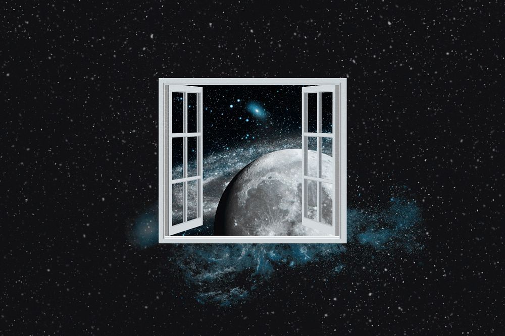 Window to space background, collage art, surreal remixed media