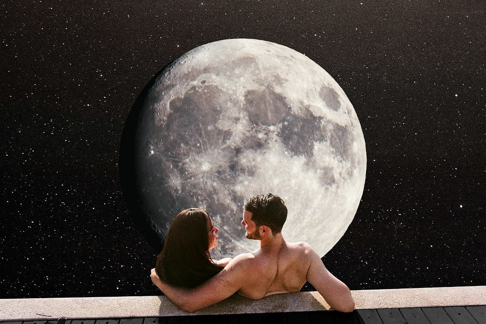Couple vacation background, moon collage art, remixed media