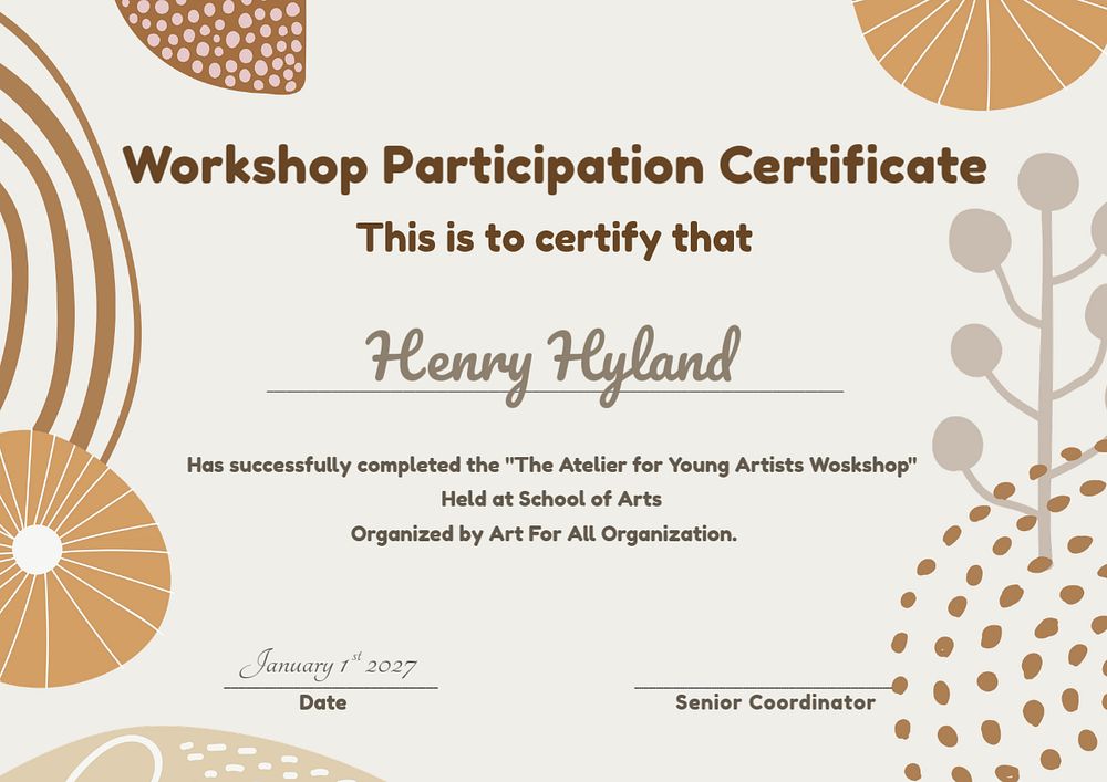 Editable art workshop certificate template, aesthetic brown design