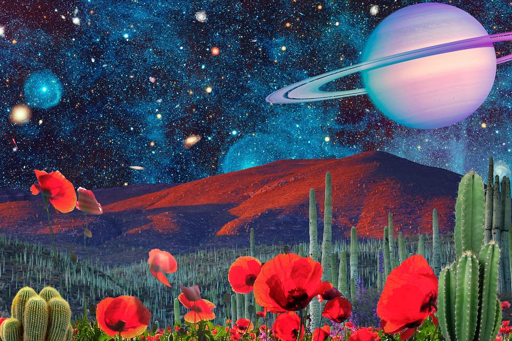 Surreal landscape background, Saturn college art, remixed media 