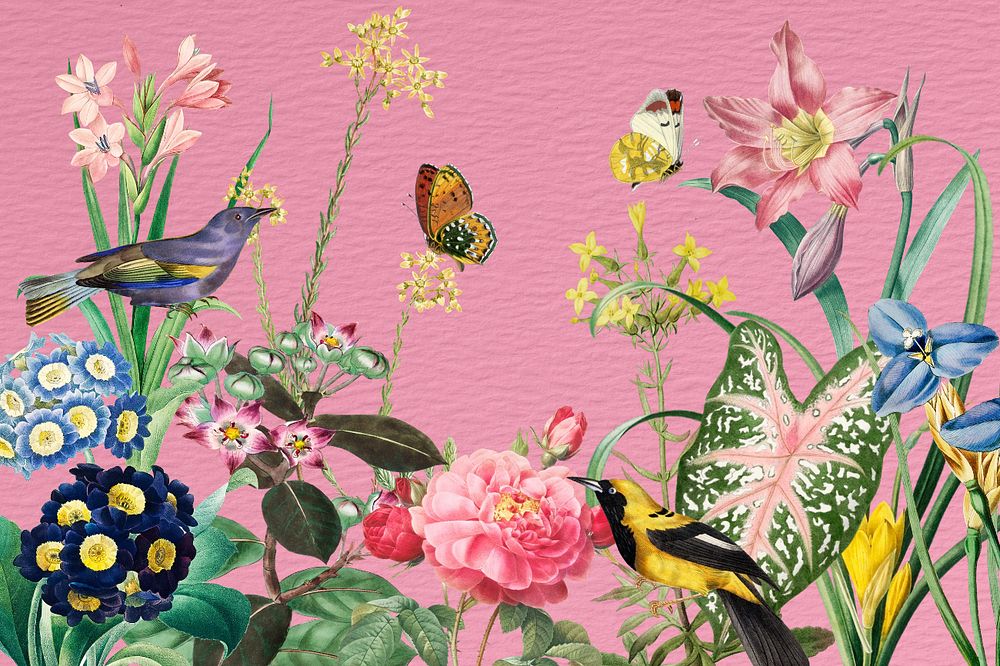 Vintage flower illustration editable background, pink collage art, remixed media