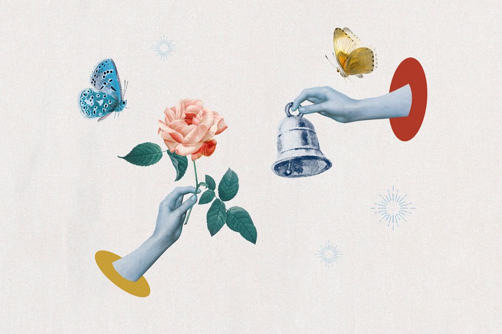 Hand holding rose, online dating remixed media