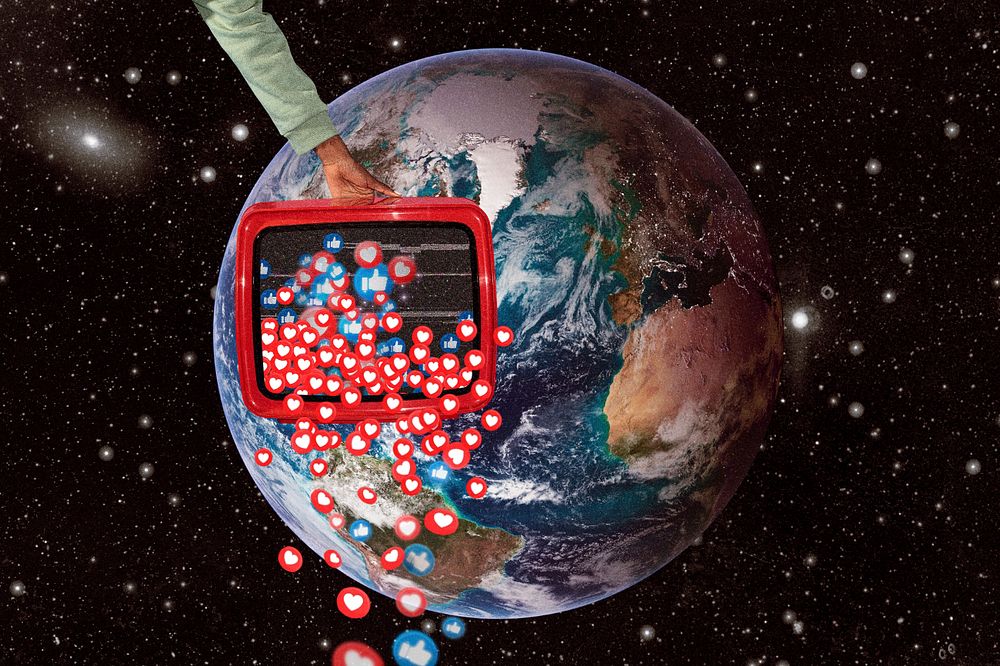 Social media earth background, collage art, remixed media 