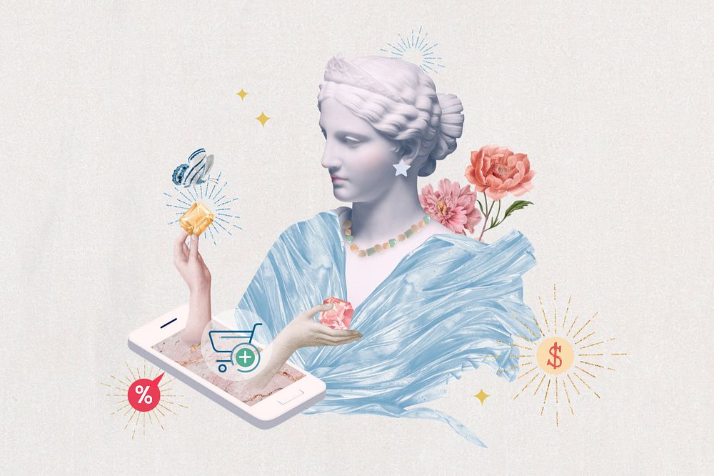 Online shopping background, Greek Goddess remixed media