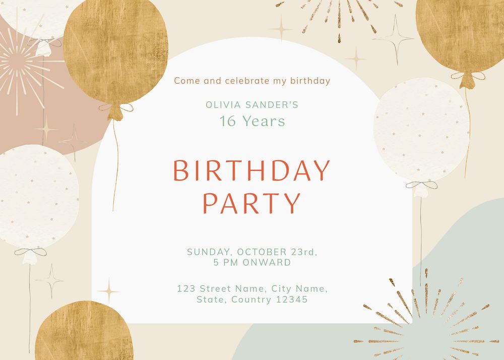 Birthday party invitation card template, editable design