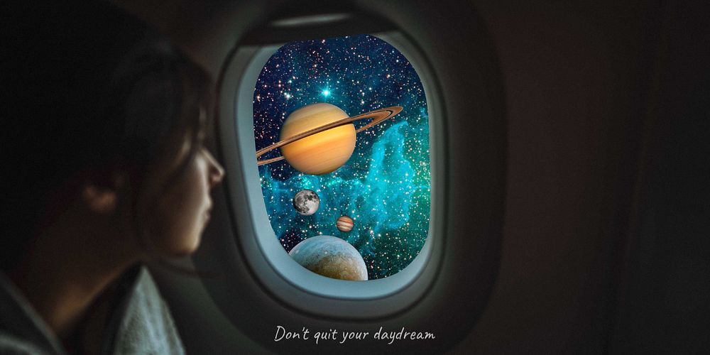 Plane window Twitter header template, surreal collage art remixed media