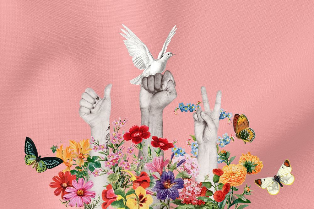 Hand gestures flower editable background, peaceful protest collage art, remixed media