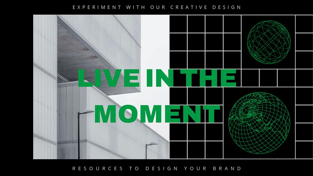 Green wireframe editable presentation template, live in the moment quote