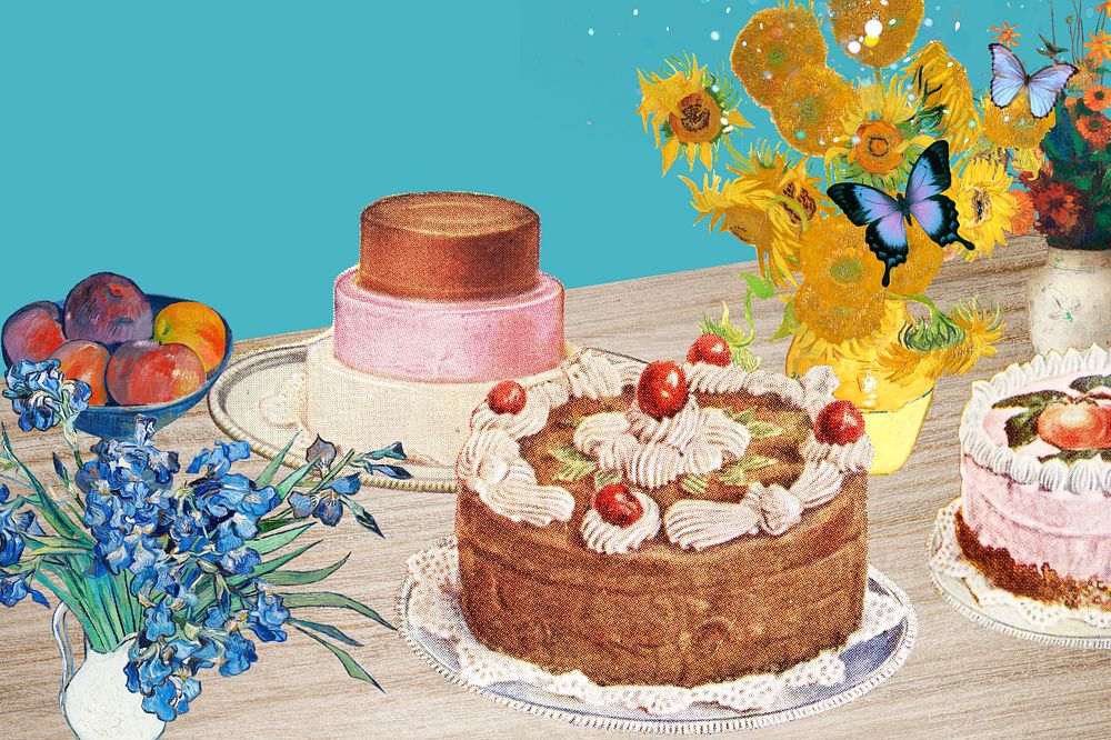 Vintage birthday cakes, dessert illustration, Van Gogh's famous artwork, remixed by rawpixel