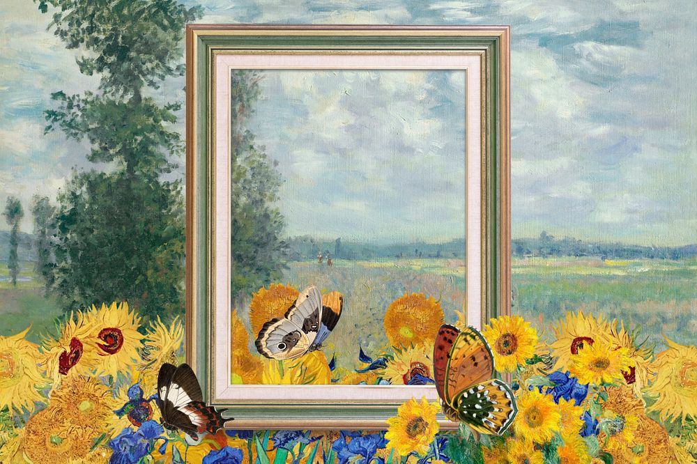 Vintage sunflower field, picture frame, Van Gogh's famous painting, remixed by rawpixel