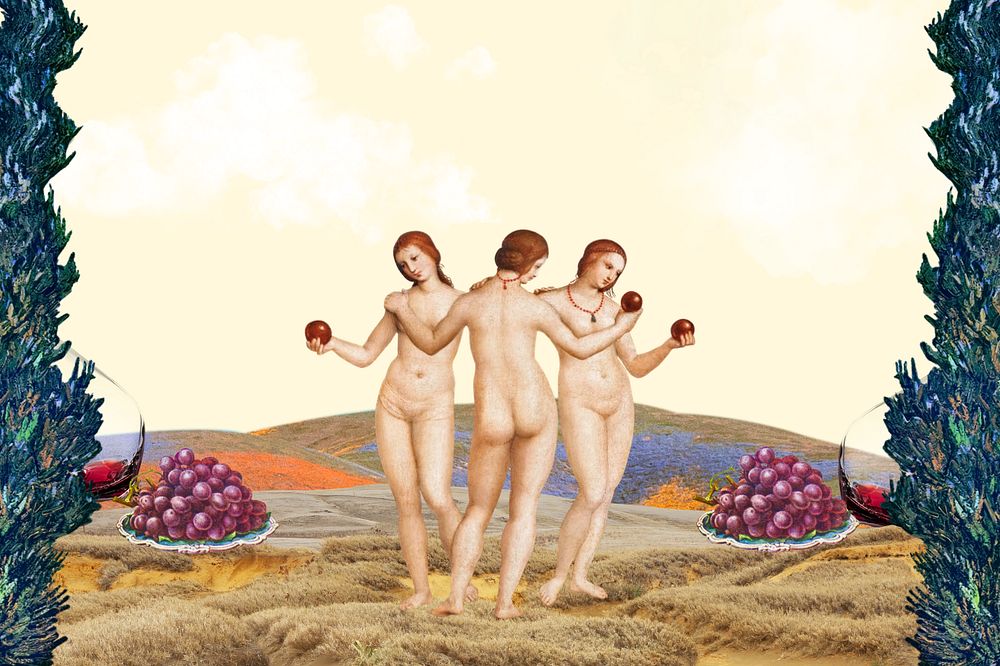 Three Graces surreal landscape, famous painting, remixed by rawpixel.