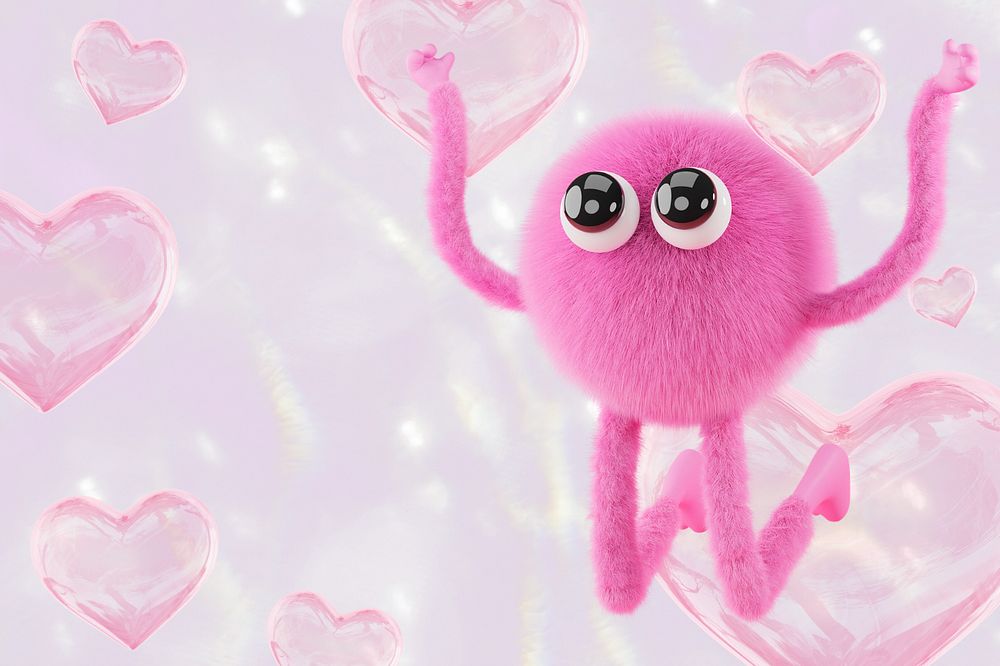 Pink monster cartoon background, cute floating hearts