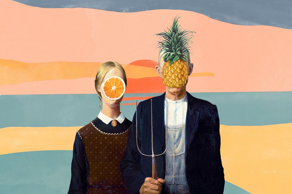 Summer sunset aesthetic, American Gothic famous artwork remixed by rawpixel.