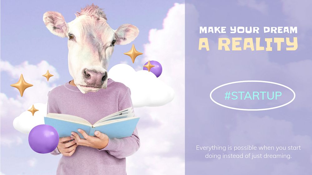 Abstract education PowerPoint presentation template, cow-headed student remix