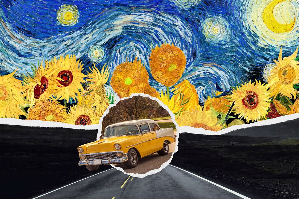 Surreal sunflower sky, classic car, Van Gogh's famous painting, remixed by rawpixel