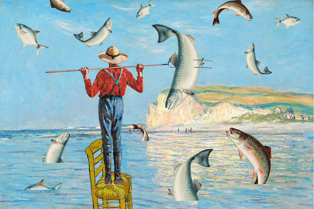 Surreal falling fish and farmer, Monet's and Edward Penfield's famous artworks, remixed by rawpixel