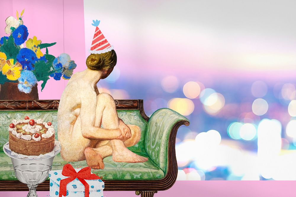 Surreal Christmas woman celebrating alone, vintage art remix