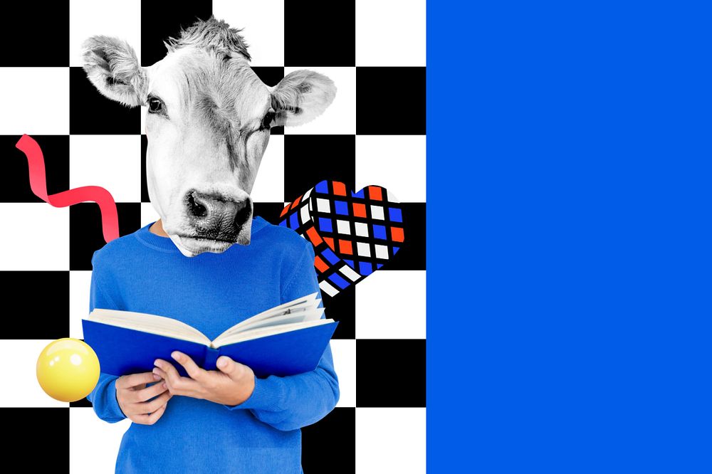 Abstract education background, cow-headed student remixed media