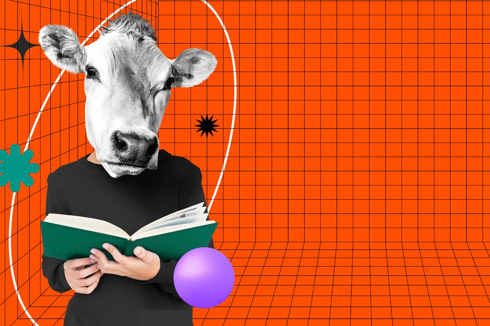 Abstract education background, cow-headed student remixed media