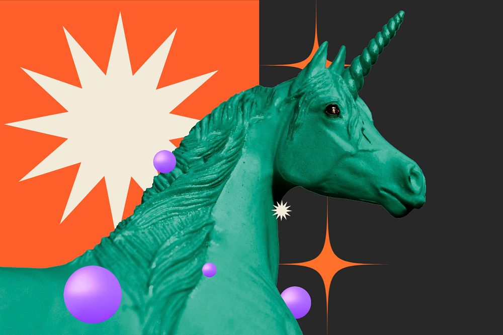 Abstract unicorn statue background, retro remixed media