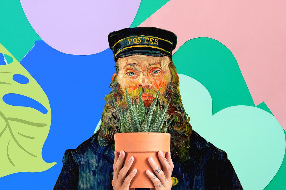 Van Gogh's postman portrait, houseplant lover background, famous artwork remixed by rawpixel