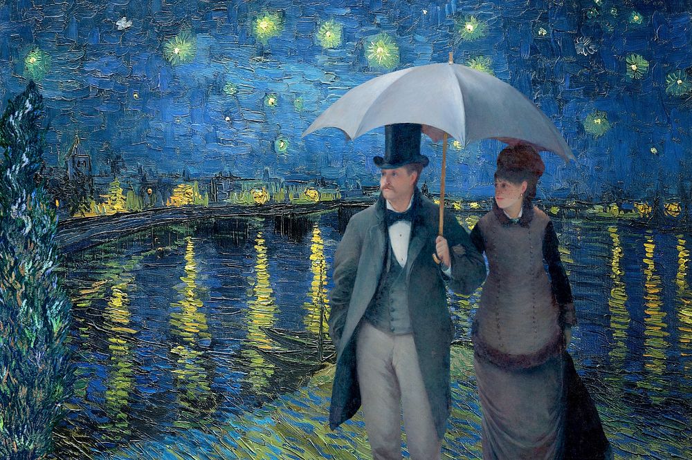 Starry night and Paris Street Rainy Day, famous paintings remixed by rawpixel.