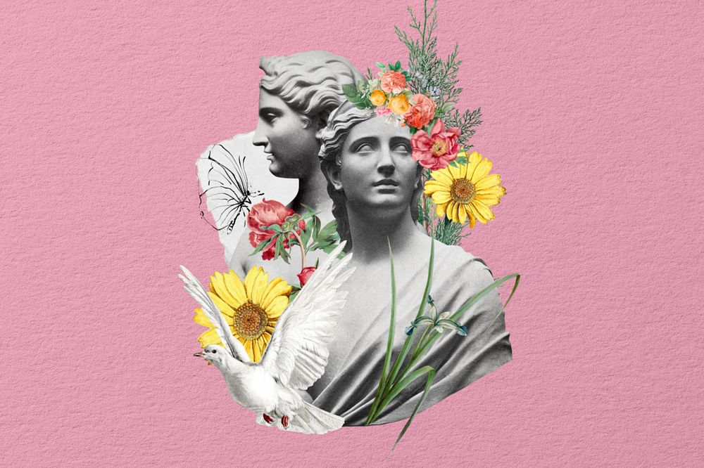 Surreal Greek Goddess, pink floral vintage remix