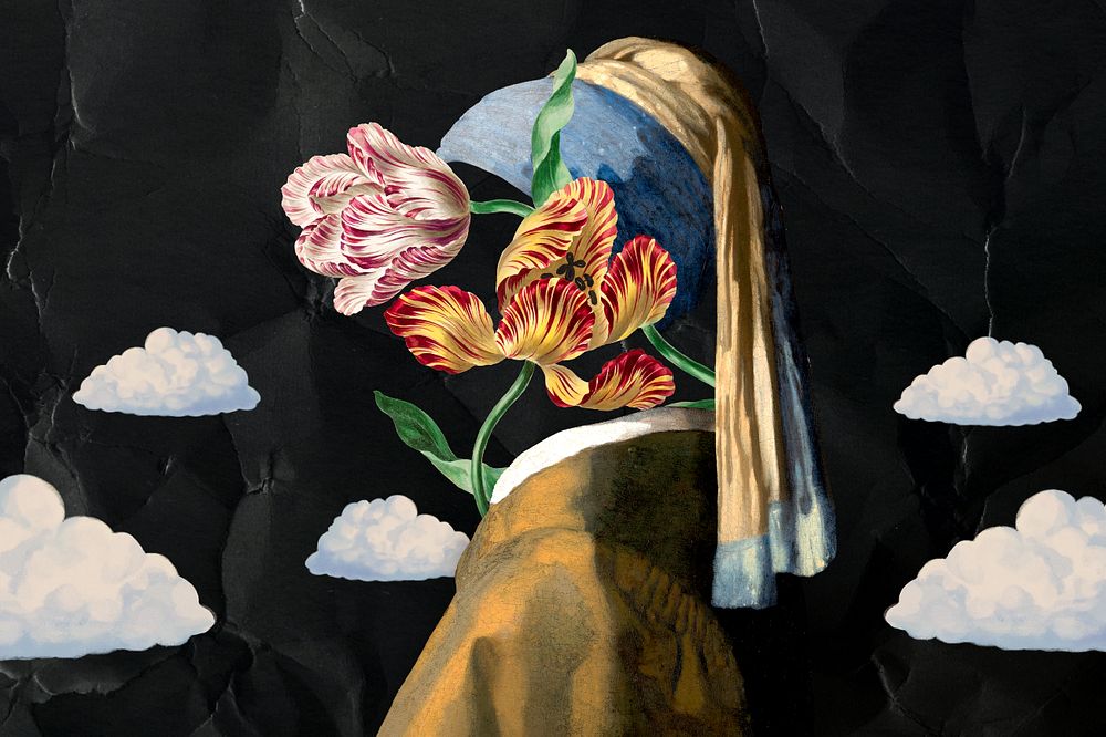 Surreal floral woman, Girl with a Pearl Earring, famous artwork remixed by rawpixel.