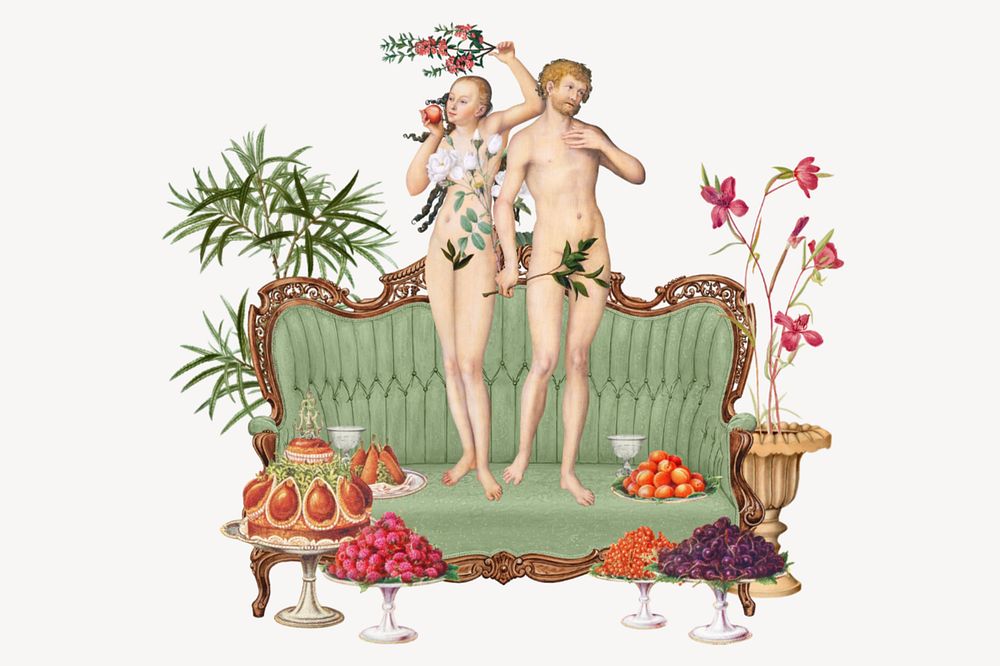 Adam and Eve standing on vintage couch remixed media