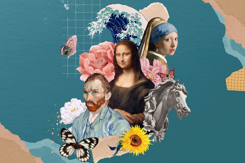 Surreal Van Gogh, Mona Lisa collage, Johannes Vermeer's famous artworks, remixed by rawpixel.