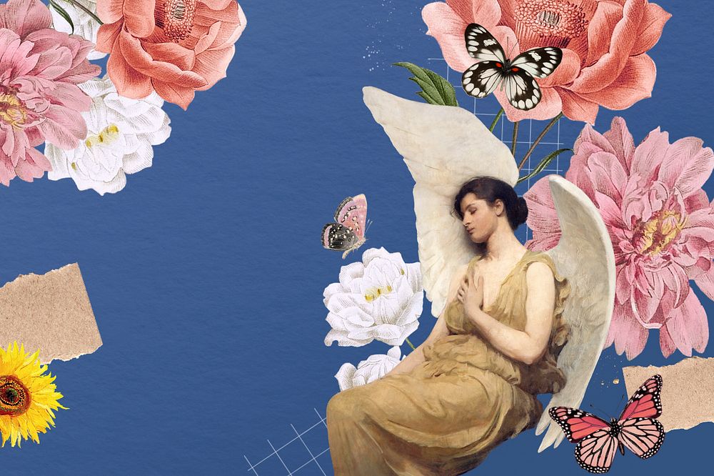 Floral angel aesthetic collage background, Abbott Handerson Thayer artwork, remixed by rawpixel.