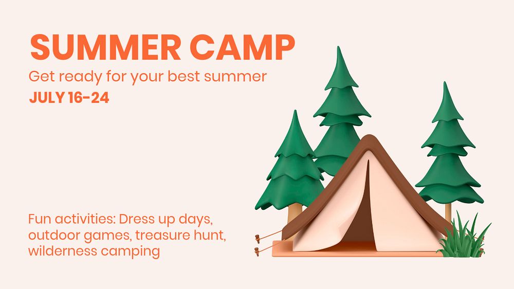 Summer camp blog banner template, 3D design 