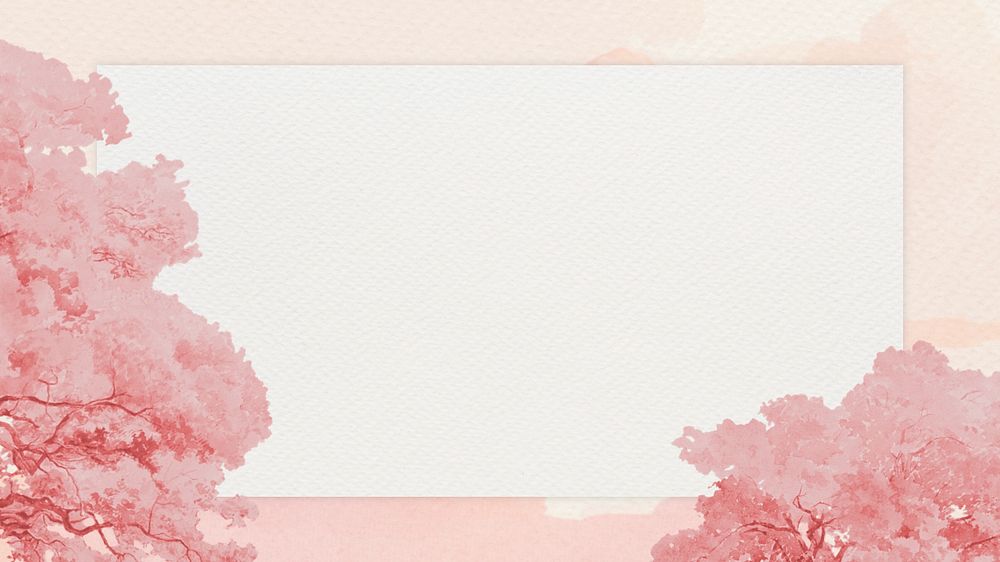 Beige frame desktop wallpaper, editable pink tree border