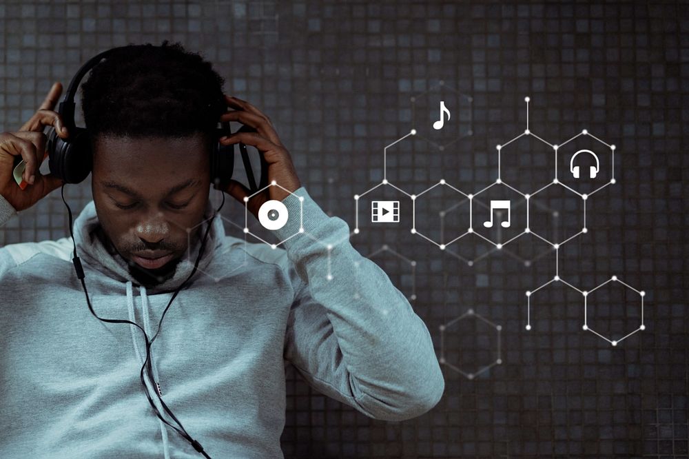 Man listening to music, digital remix, editable design