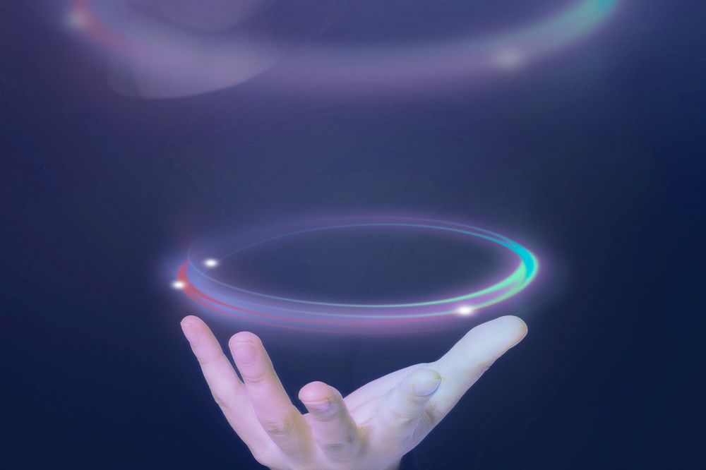 Futuristic advanced technology, circle ring in hand, digital remix, editable design