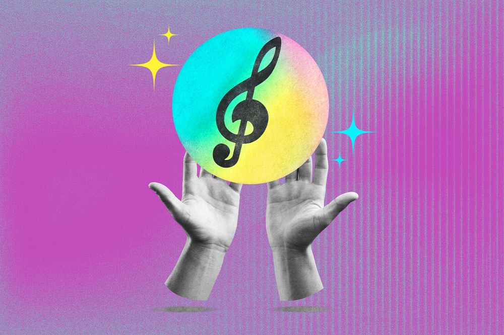 Hands cupping musical note, music remix