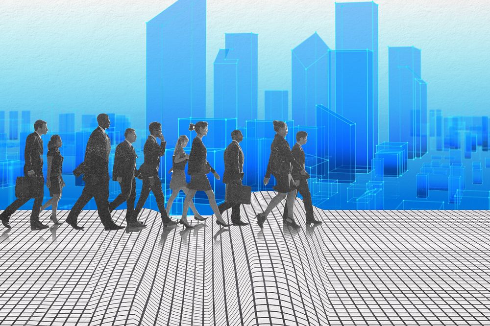 Businesspeople walking, futuristic design, digital remix, editable design