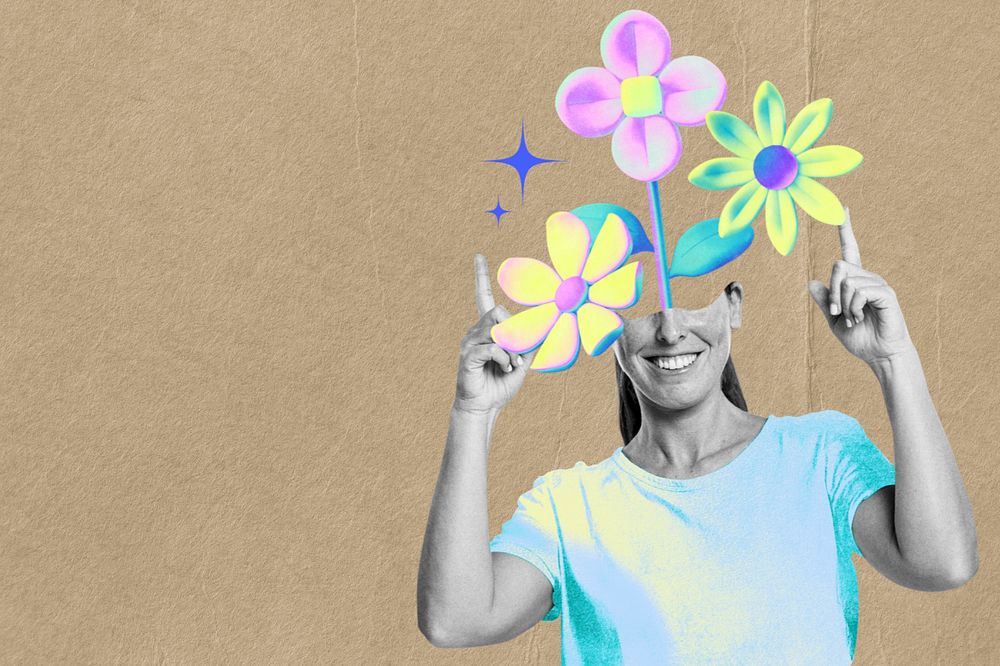 Editable gradient flower-head woman collage remix