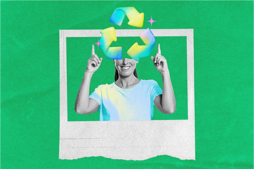 Female environmentalist, editable recycle-head woman collage remix