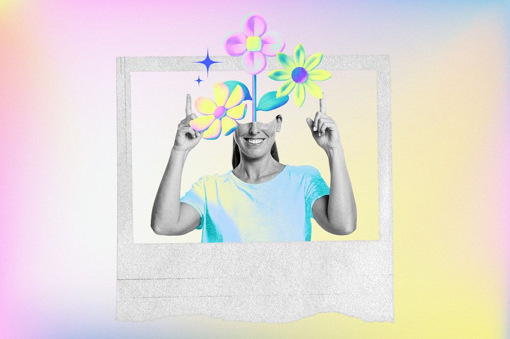 Flower-head woman, editable instant photo frame collage remix