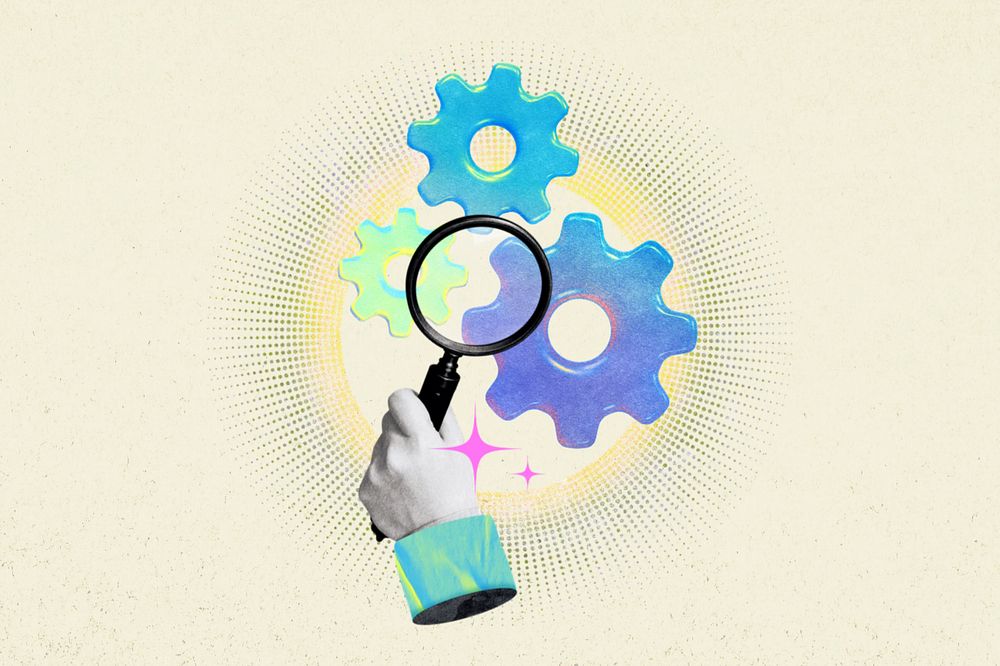 Cogwheel magnifying glass, editable business collage remix