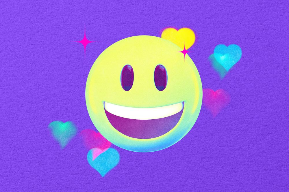 Gradient emoticon, editable cheerful face with hearts collage remix