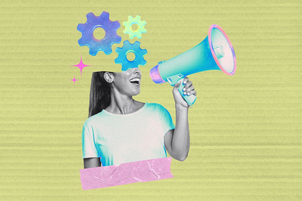 Editable megaphone woman, digital marketing collage remix