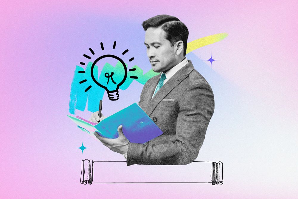 Editable creative businessman, light bulb collage remix