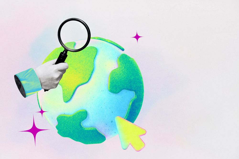 Globe & hand holding magnifying glass remix