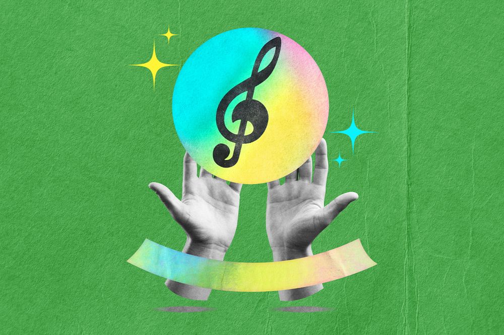 Hands cupping musical note, music remix