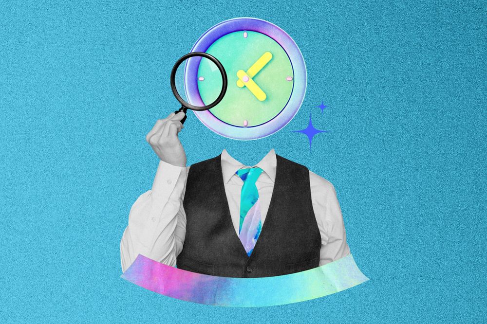 Editable clock-head businessman, deadline collage remix