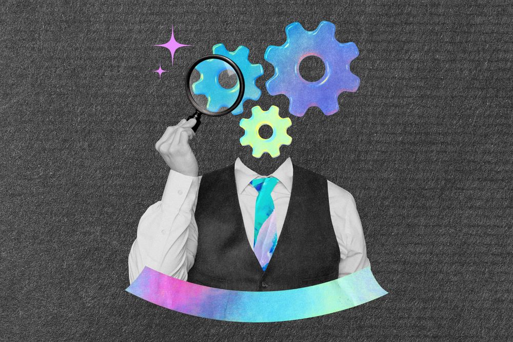 Editable cogwheel-head businessman, gradient collage remix