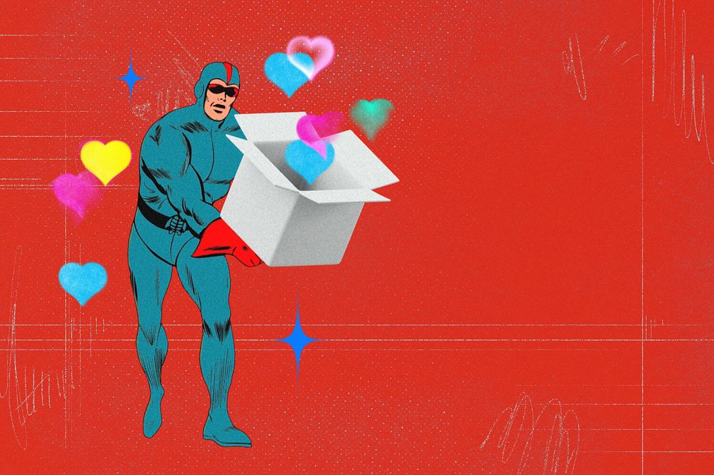 Superhero collecting hearts with a box, health remix